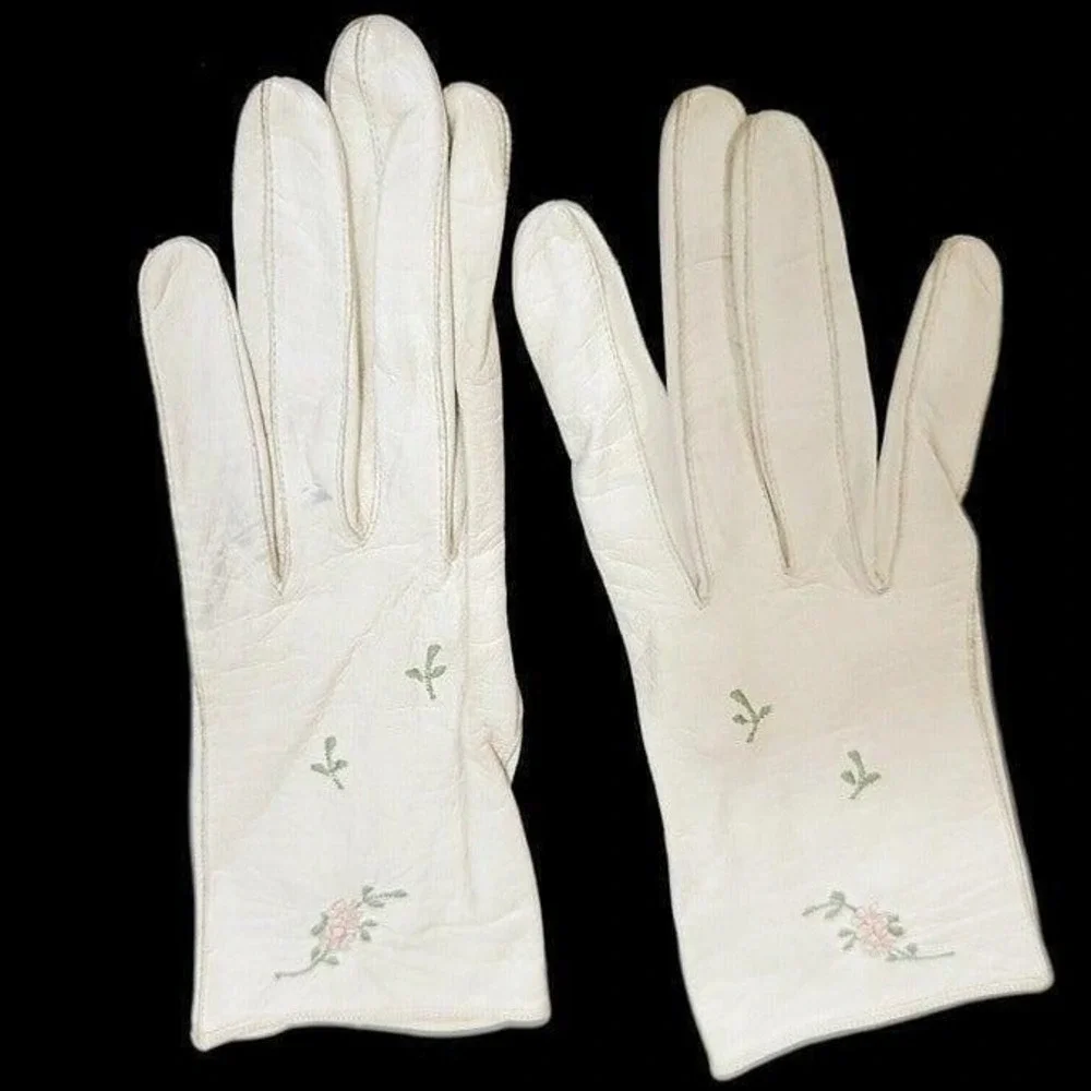 Vintage 50s Trimingham's White Real Kid Leather Floral Embroidered Gloves Womens